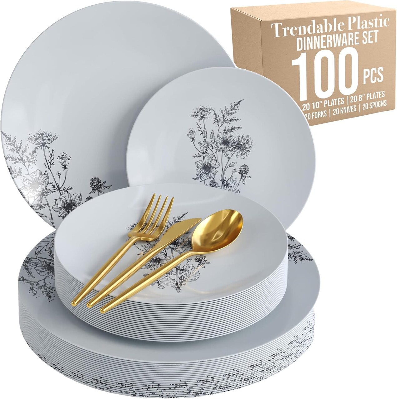 Trendables Fancy Plastic Wedding Dinnerware Set – Gold Disposable Forks Spoons Knives, 10” Charger Plates & 8” Dessert Plates – Elegant Reception, Holiday, Banquet & Special Event Supplies
